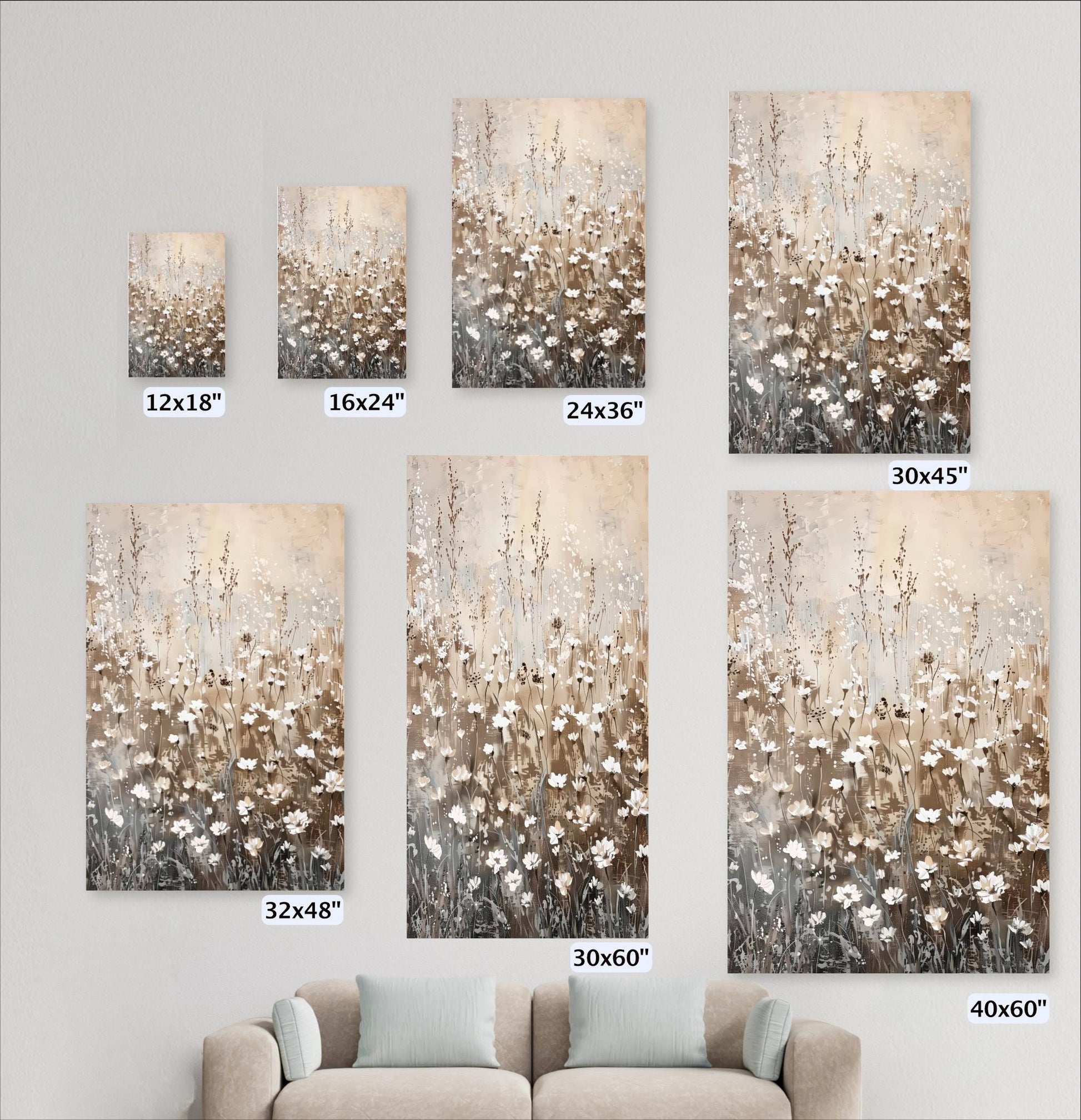 a collection of six framed paintings of a field of flowers, each with a different size and frame, arranged on a wall.