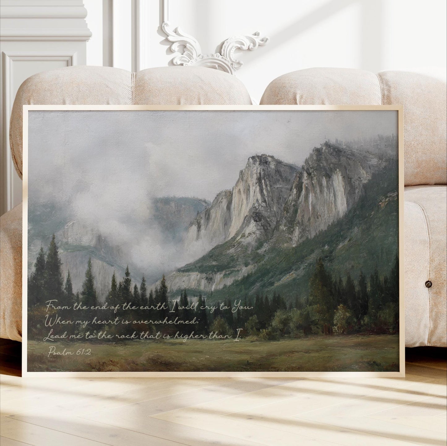 The image is a framed painting depicting a mountainous landscape with a quote from the Bible, specifically Psalm 6:2, which reads "From the end of the earth I will cry to you. When my heart is overwhelmed, lead me to the rock that is higher than I am."