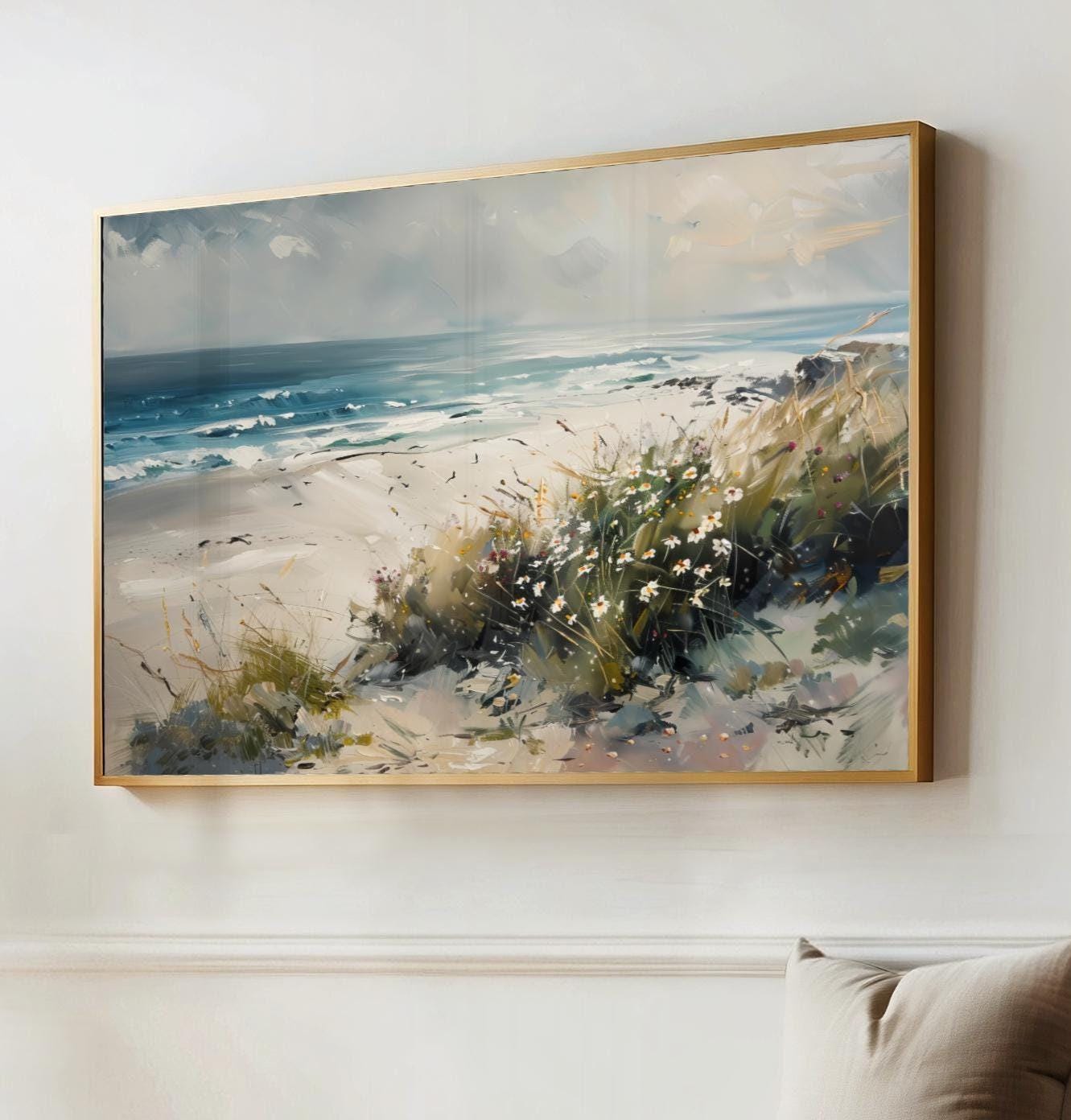 a painting hanging on a wall next to a bench