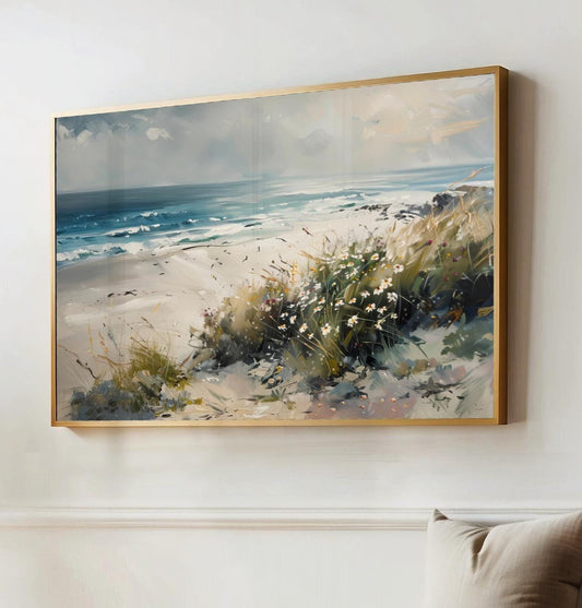 a painting hanging on a wall next to a bench
