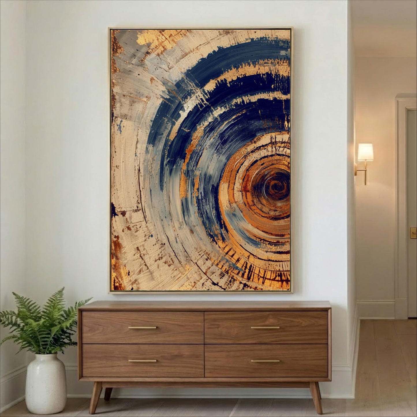 Tree Ring Wall Art, Large Framed Abstract Decor, Neutral Tones, Copper Rust Blue Beige Minimalist Canvas Artwork Modern Living Room Print rustic, printed and shipped wood framed
