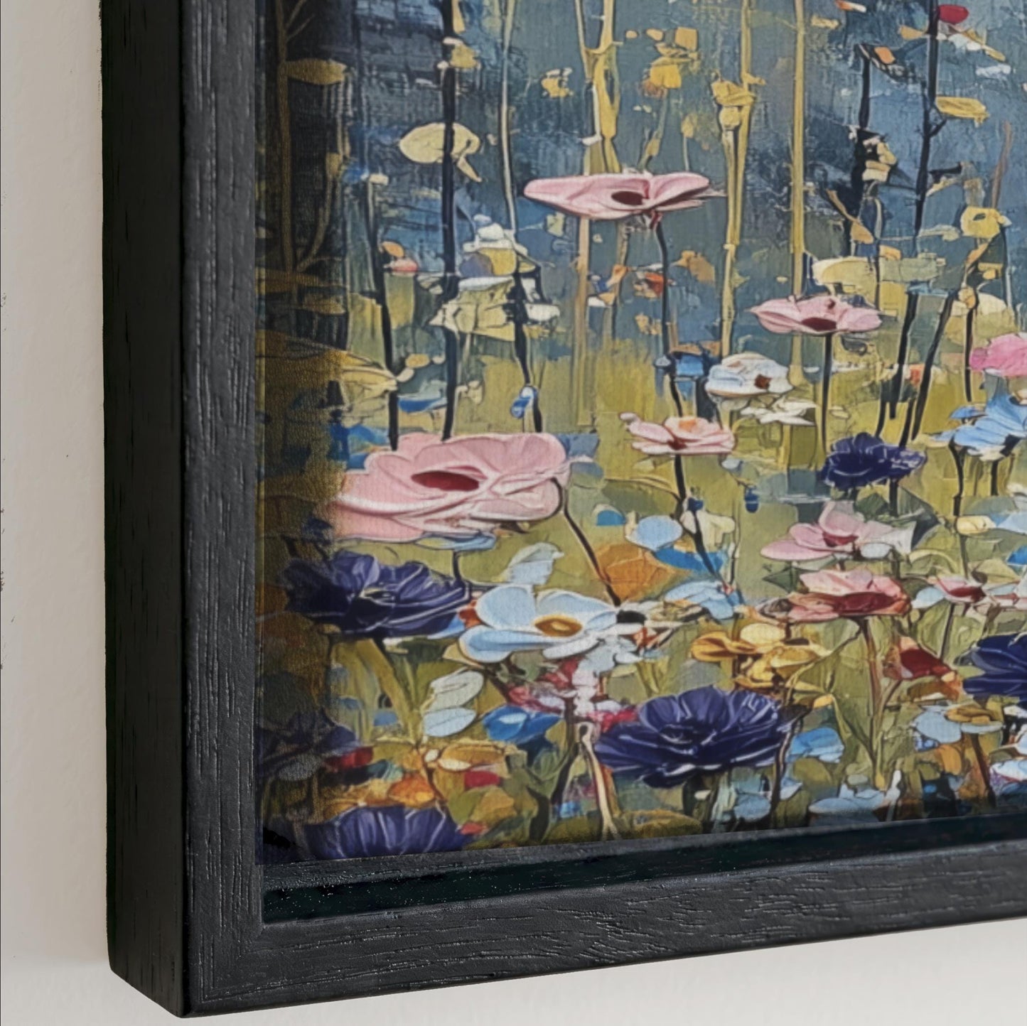 The image is a framed painting depicting a vibrant and colorful garden scene with various flowers in shades of pink, blue, and yellow.