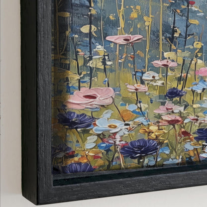 The image is a framed painting depicting a vibrant and colorful garden scene with various flowers in shades of pink, blue, and yellow.