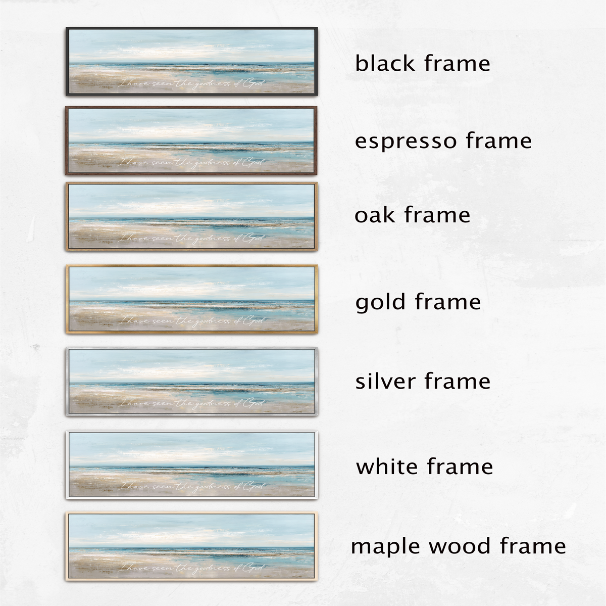 a series of six different frames, each with a different color and frame style, arranged in a row against a white background.