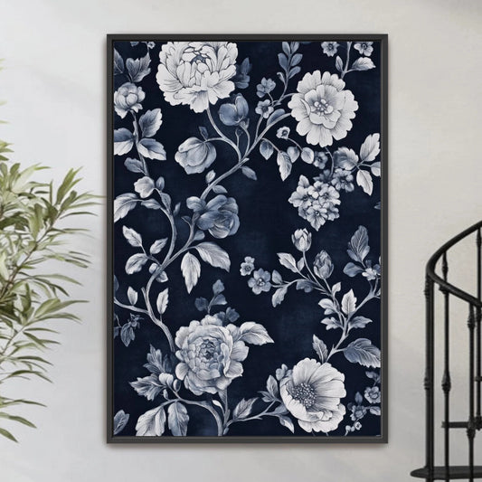 Navy Blue Floral Wall Art, Framed Vintage Botanical Artwork, Moody Flower Canvas Print, Chinoiserie Inspired Decor, Dark Blue White Floral