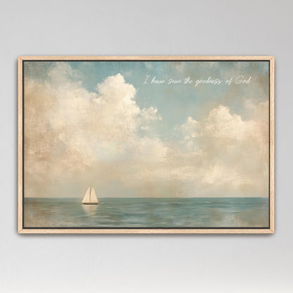 a sailboat on the water, with a cloudy sky in the background.