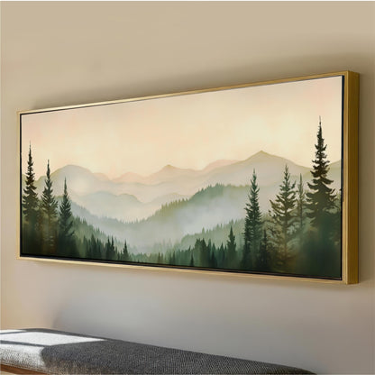 Forest Mountain Framed Wall Art, Abstract Sage Green Landscape Canvas Print, Nature Decor, Pine Trees, Large Horizontal ArtWork printed and shipped from the USA. Fine Art Custom made.