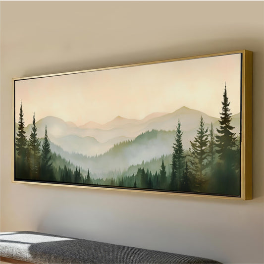 Forest Mountain Framed Wall Art, Abstract Sage Green Landscape Canvas Print, Nature Decor, Pine Trees, Large Horizontal ArtWork printed and shipped from the USA. Fine Art Custom made.