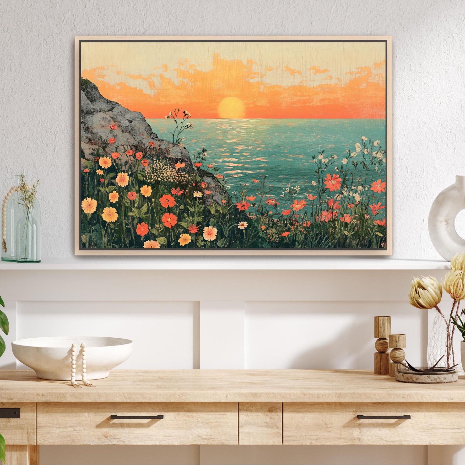 a painting of a sunset over a body of water