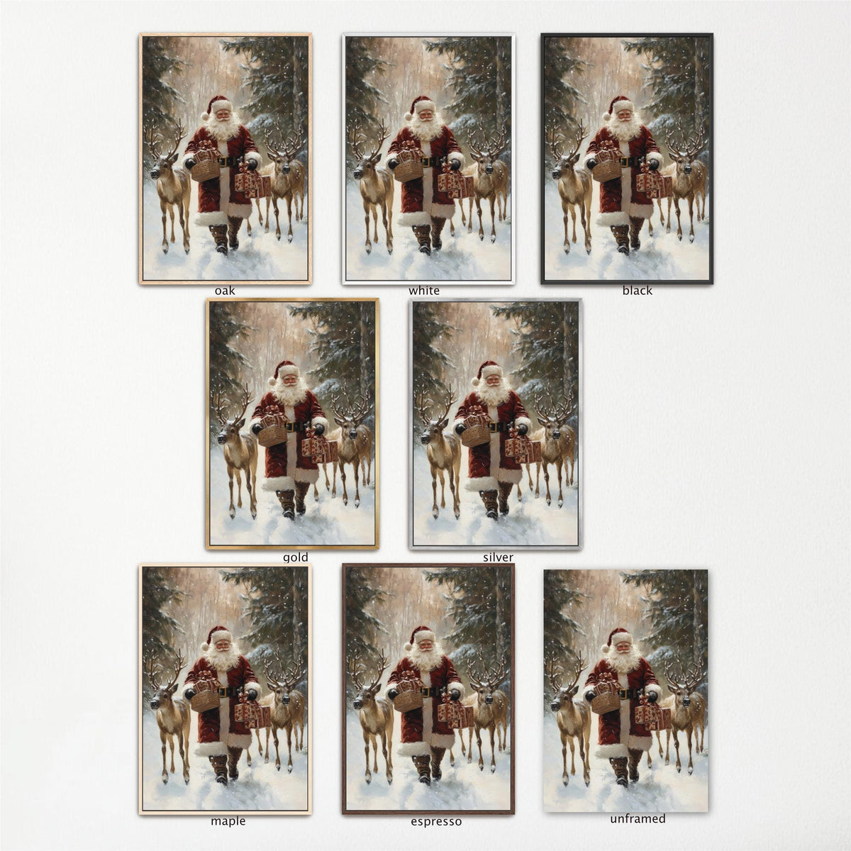 The image is a collage of multiple images featuring Santa Claus holding reindeer in a snowy forest setting.