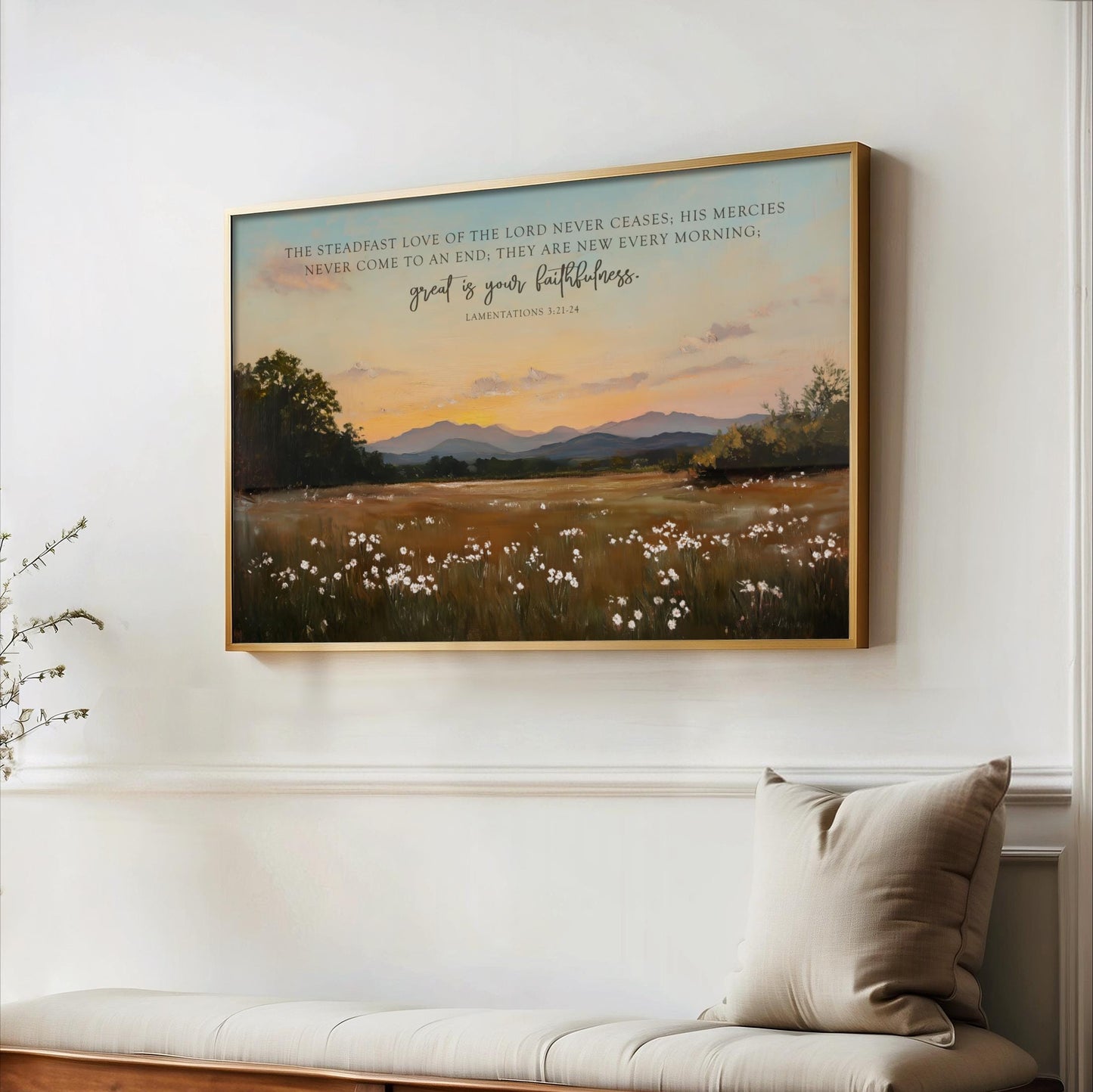 a serene landscape with a field of flowers and mountains in the background, framed by a wooden border.