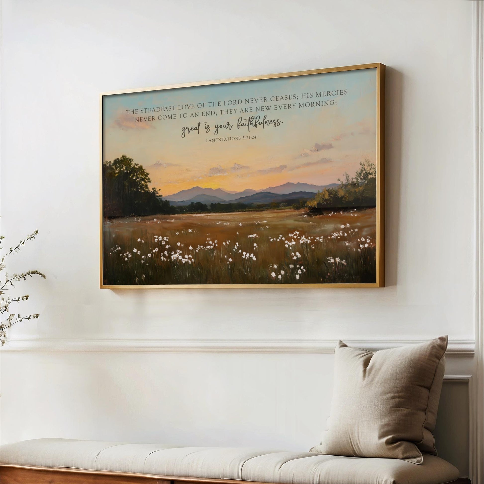 a serene landscape with a field of flowers and mountains in the background, framed by a wooden border.