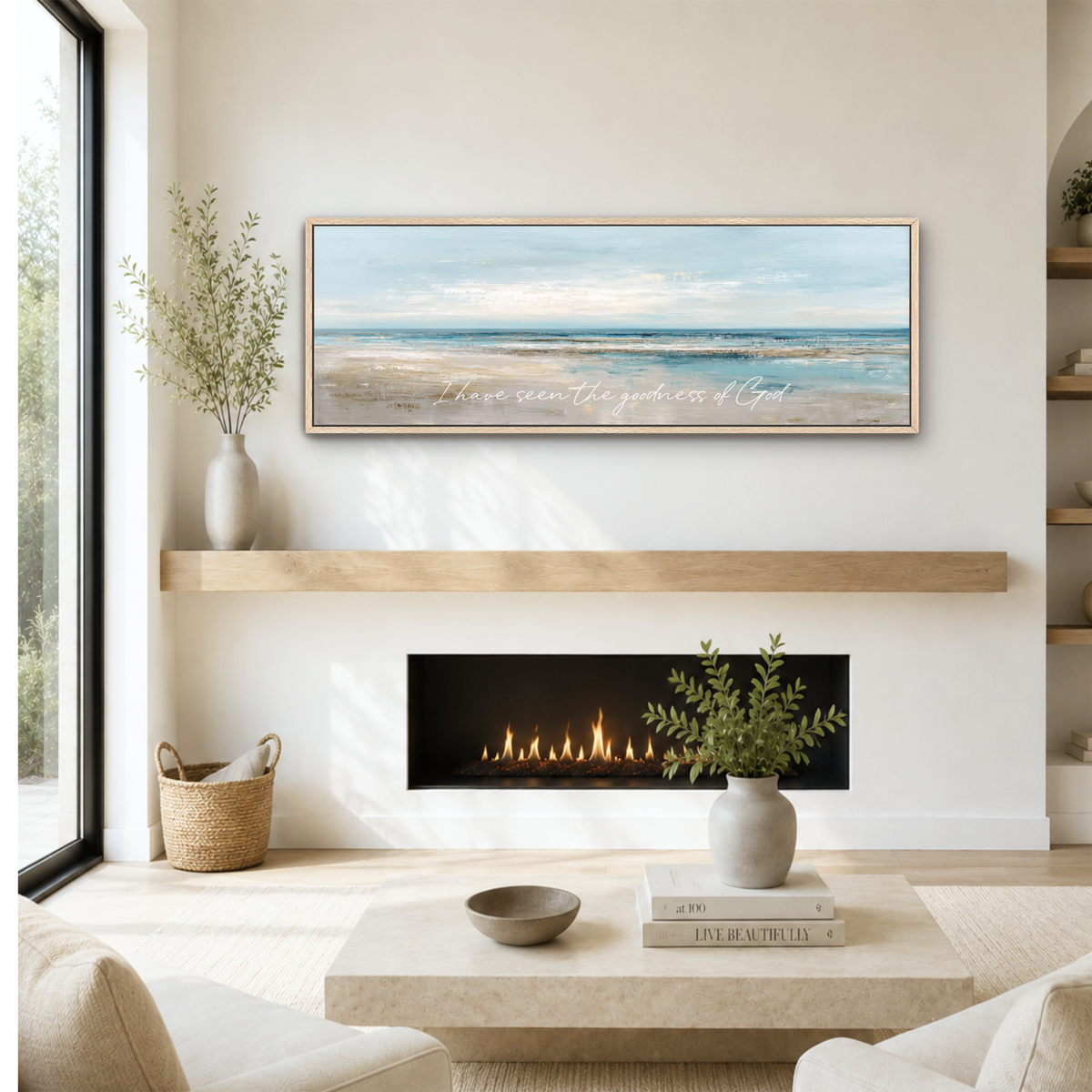 Ocean Abstract Art, I have Seen the Goodness of God, Blue Beige Large Framed Canvas Print, Landscape Wide, Calming Christian Coastal