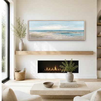 Ocean Abstract Art, I have Seen the Goodness of God, Blue Beige Large Framed Canvas Print, Landscape Wide, Calming Christian Coastal
