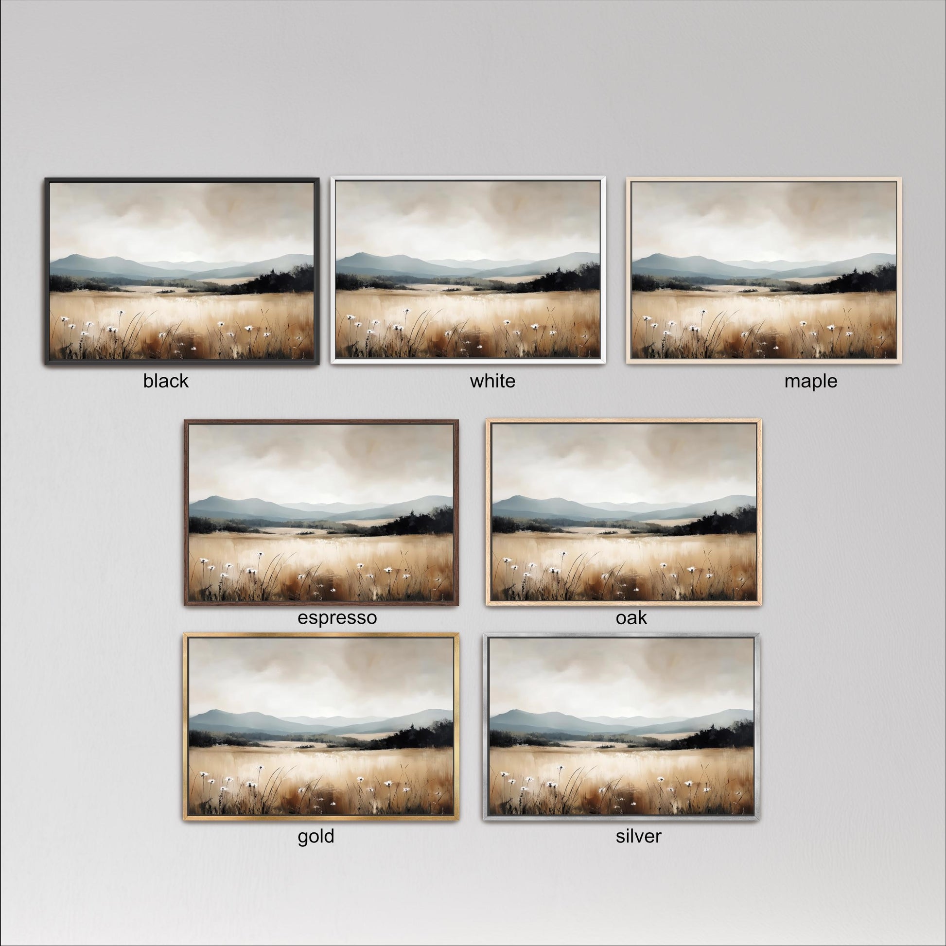 six different framed landscape paintings, each with a distinct color and style, arranged in a grid format.