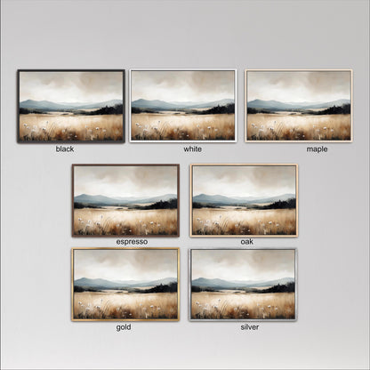 six different framed landscape paintings, each with a distinct color and style, arranged in a grid format.