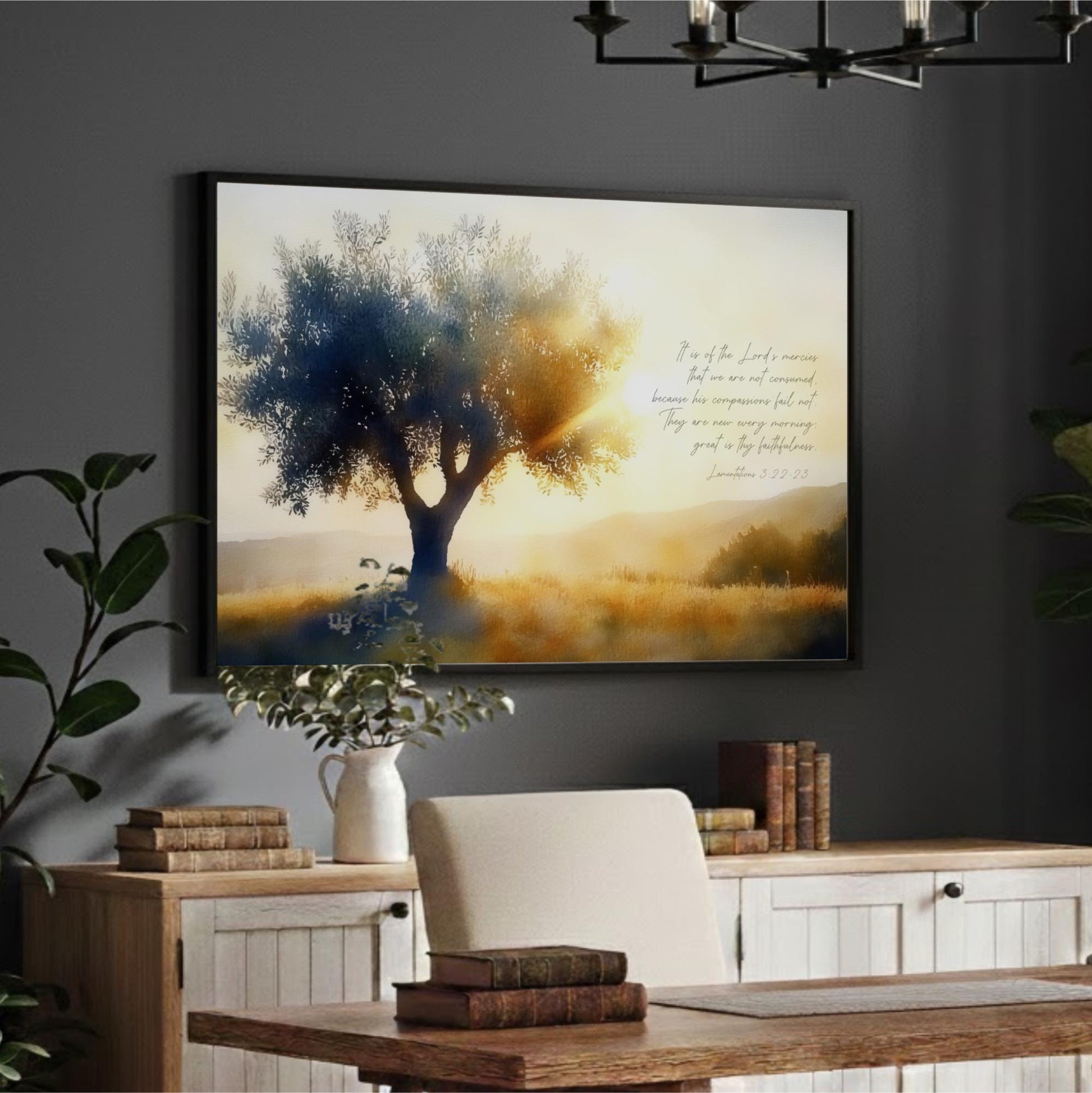 a serene indoor setting with a large framed picture of a tree on the wall, a wooden desk with a white chair, and a vase of greenery.
