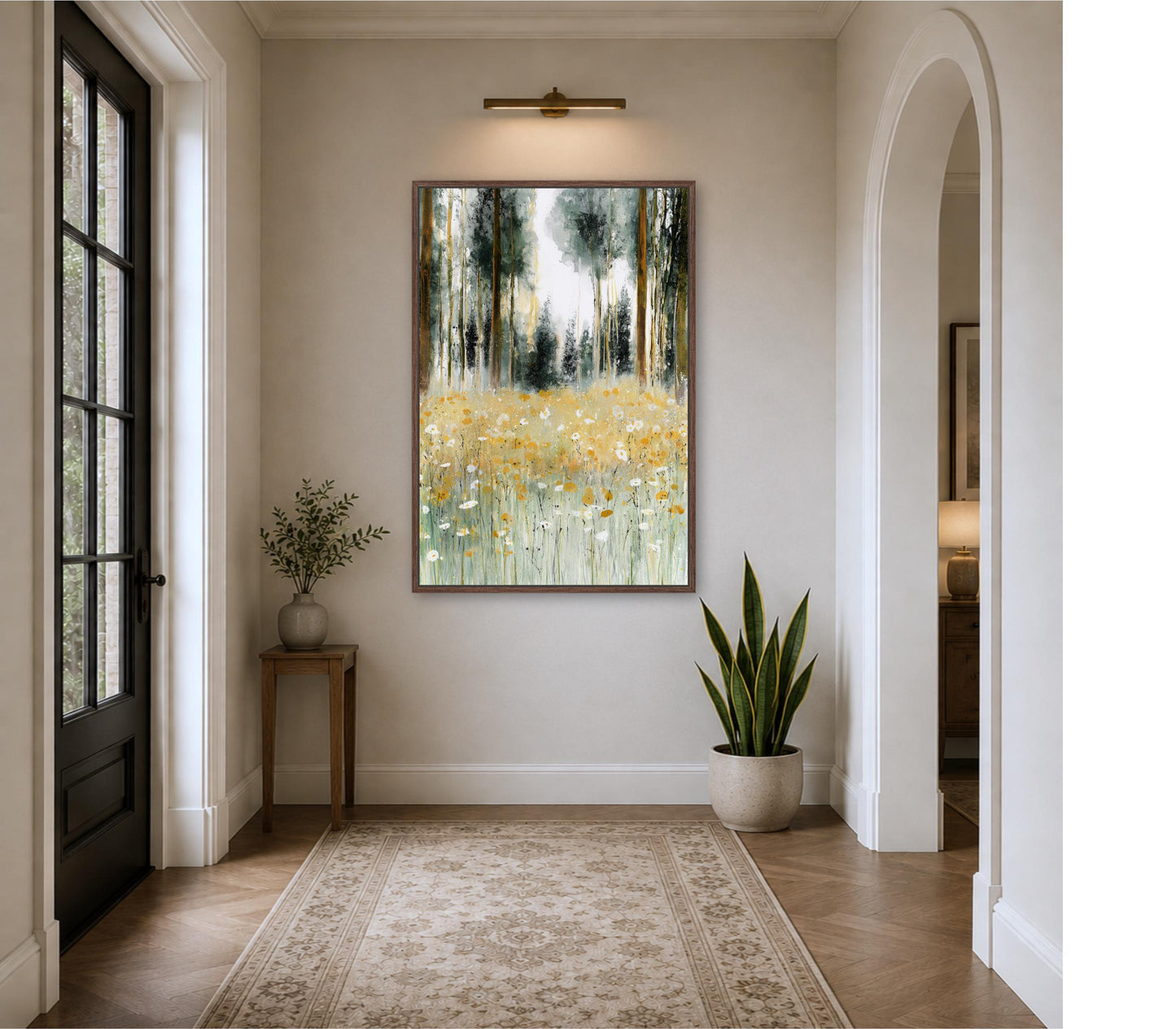 a serene and well-lit hallway with a large painting of a field of flowers hanging on the wall. The painting is framed in a wooden frame and is the focal point of the room. The hallway is decorated with a rug, a small table with a plant, and a large window that allows natural light to fill the space.