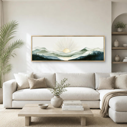 a serene living room with a large, framed landscape painting hanging on the wall above a white sofa. The painting features a sun rising over a mountain range, creating a peaceful and tranquil atmosphere. The room is decorated with various plants, vases, and books, contributing to a cozy and inviting ambiance.