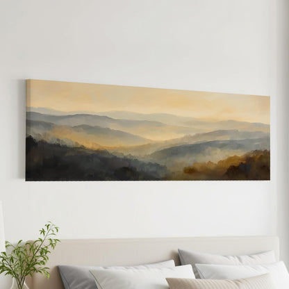 a large landscape painting hanging on a wall above a bed with white pillows.