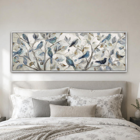 Blue Bird Wall Art Large, Wide Framed Canvas Abstract Songbird Nature Artwork, Neutral Botanical Decor, Cottagecore Print Over the Bed