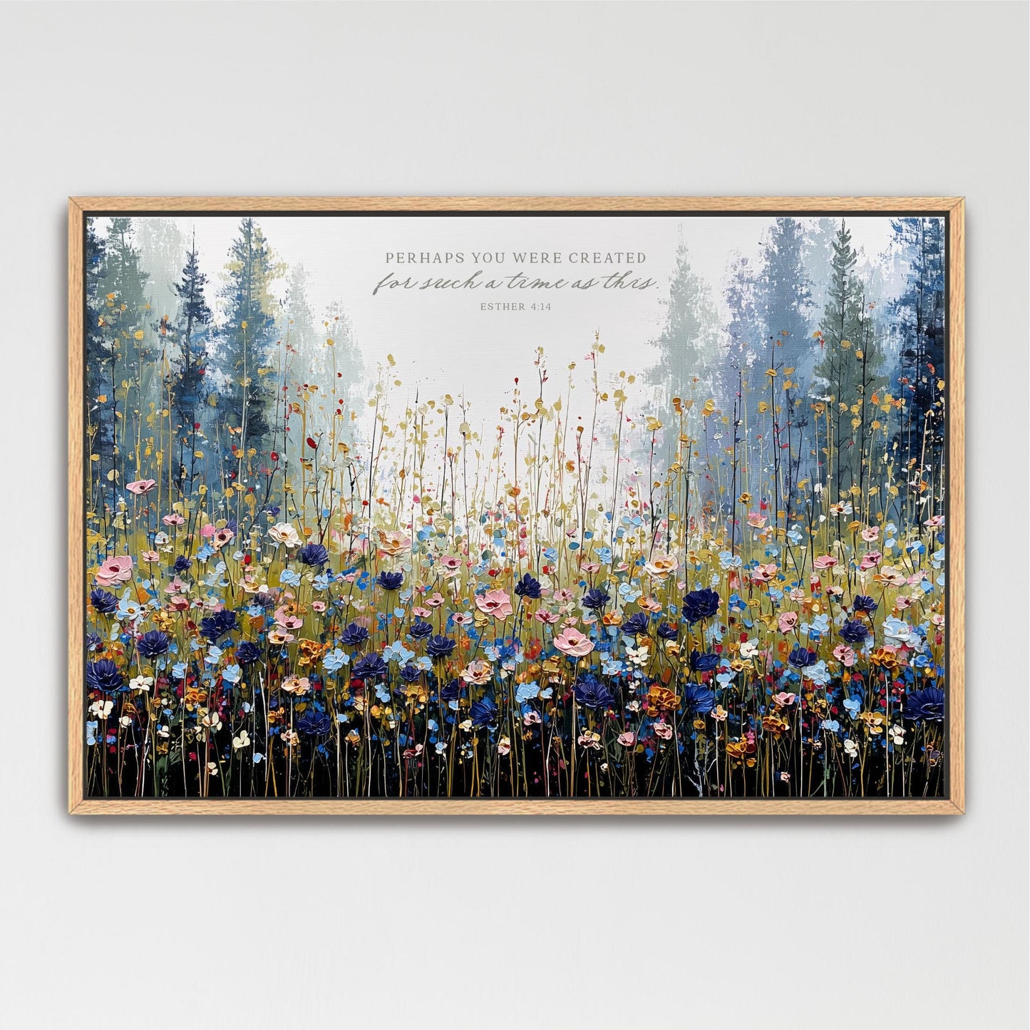 The image is a framed painting depicting a vibrant field of flowers with tall trees in the background.
