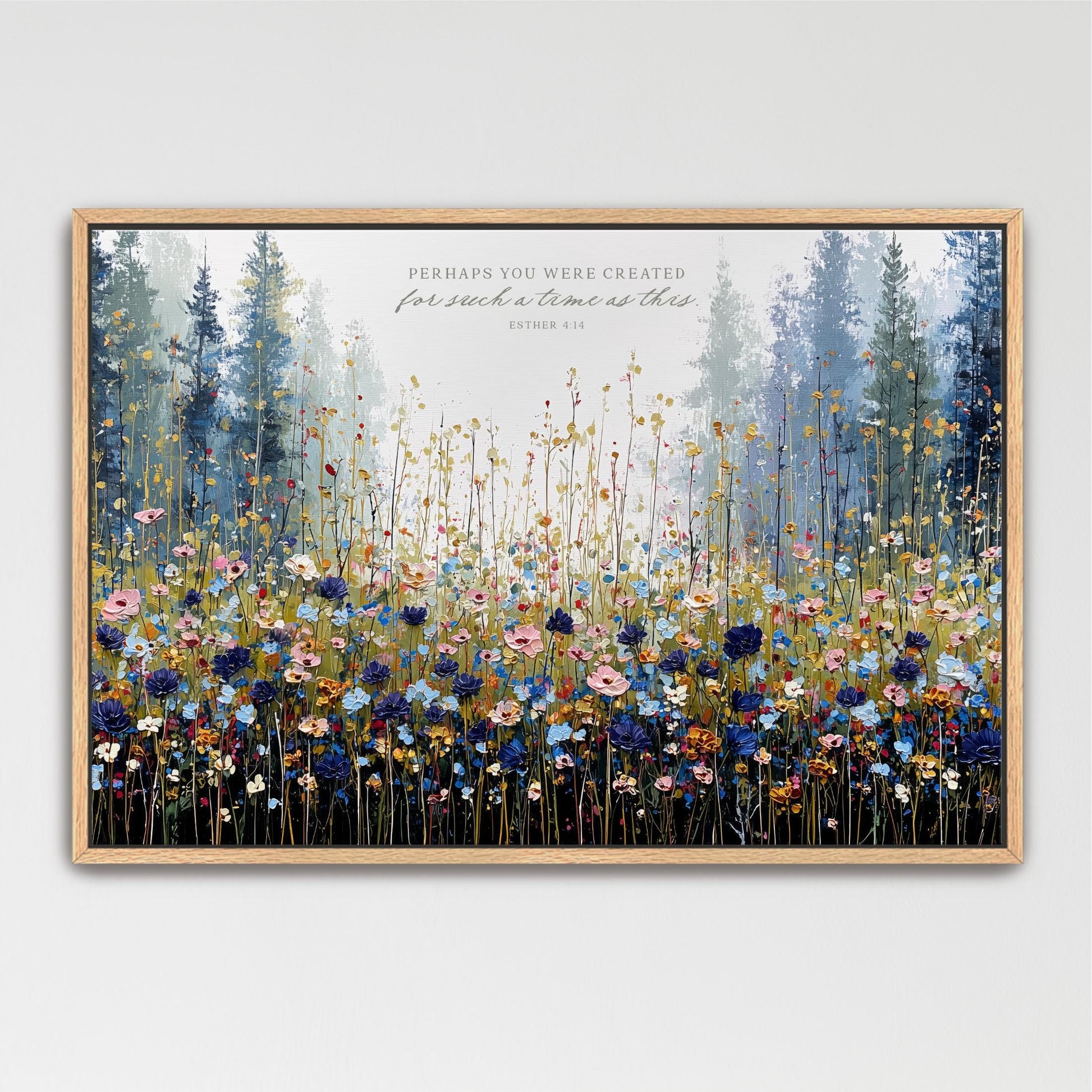 The image is a framed painting depicting a vibrant field of flowers with tall trees in the background.