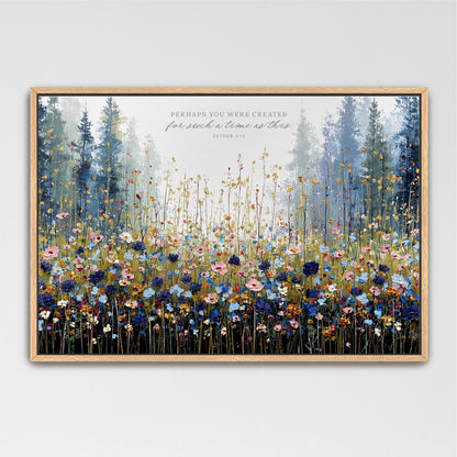 The image is a framed painting depicting a vibrant field of flowers with tall trees in the background.