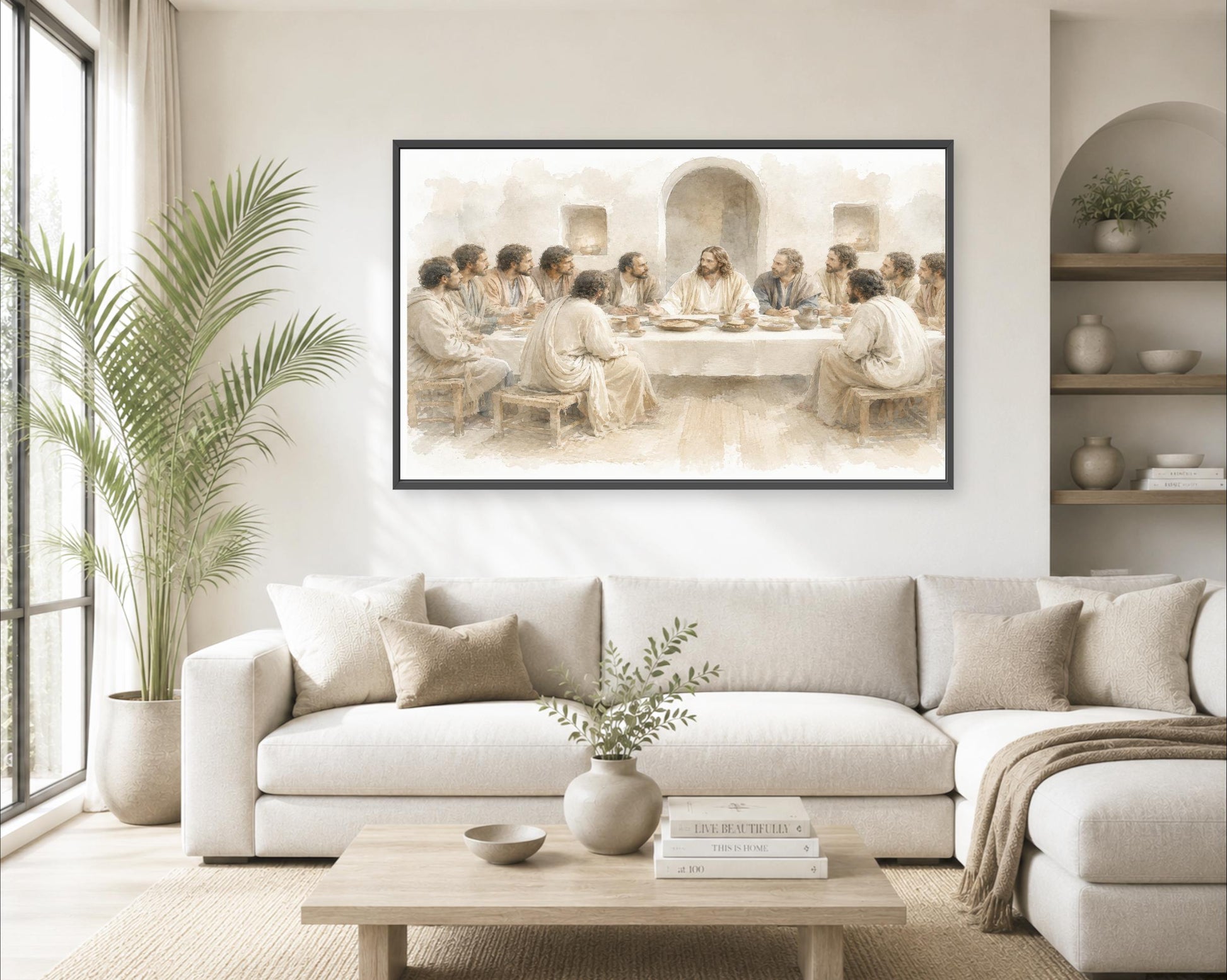 a living room with a large painting of Jesus Christ and his twelve apostles hanging on the wall. The painting shows Jesus seated at a table with his twelve companions, and they appear to be engaged in a meal or discussion. The room is decorated with a large window, a potted plant, and a wooden coffee table.