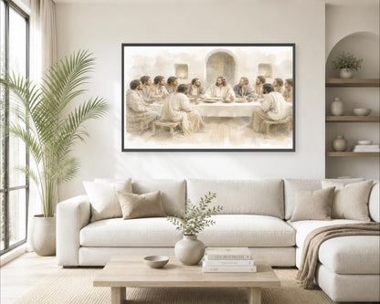 a living room with a large painting of Jesus Christ and his twelve apostles hanging on the wall. The painting shows Jesus seated at a table with his twelve companions, and they appear to be engaged in a meal or discussion. The room is decorated with a large window, a potted plant, and a wooden coffee table.
