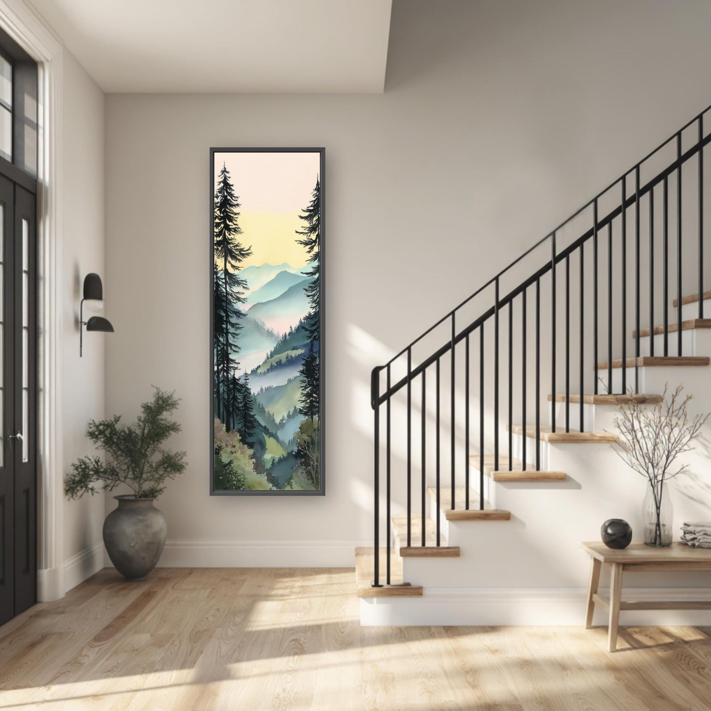 a serene and modern interior design, featuring a large painting of a forest scene hanging on the wall, a black metal railing on the staircase, and a wooden bench near the staircase.