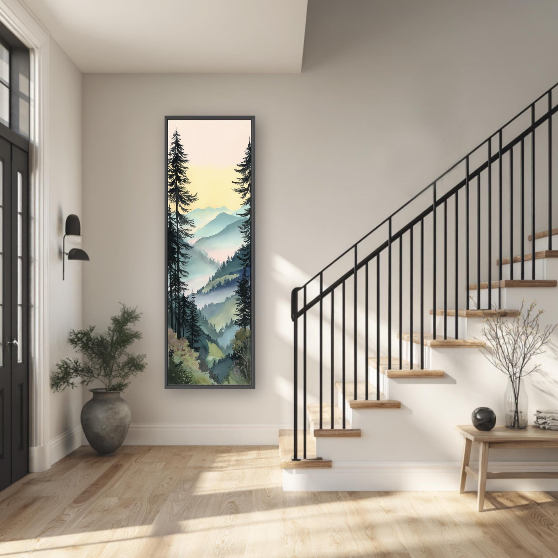 a serene and modern interior design, featuring a large painting of a forest scene hanging on the wall, a black metal railing on the staircase, and a wooden bench near the staircase.