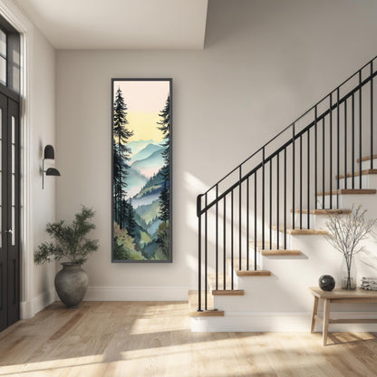 a serene and modern interior design, featuring a large painting of a forest scene hanging on the wall, a black metal railing on the staircase, and a wooden bench near the staircase.