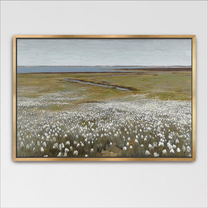 A framed painting depicting a vast field of white flowers against a backdrop of a blue sky and distant hills.