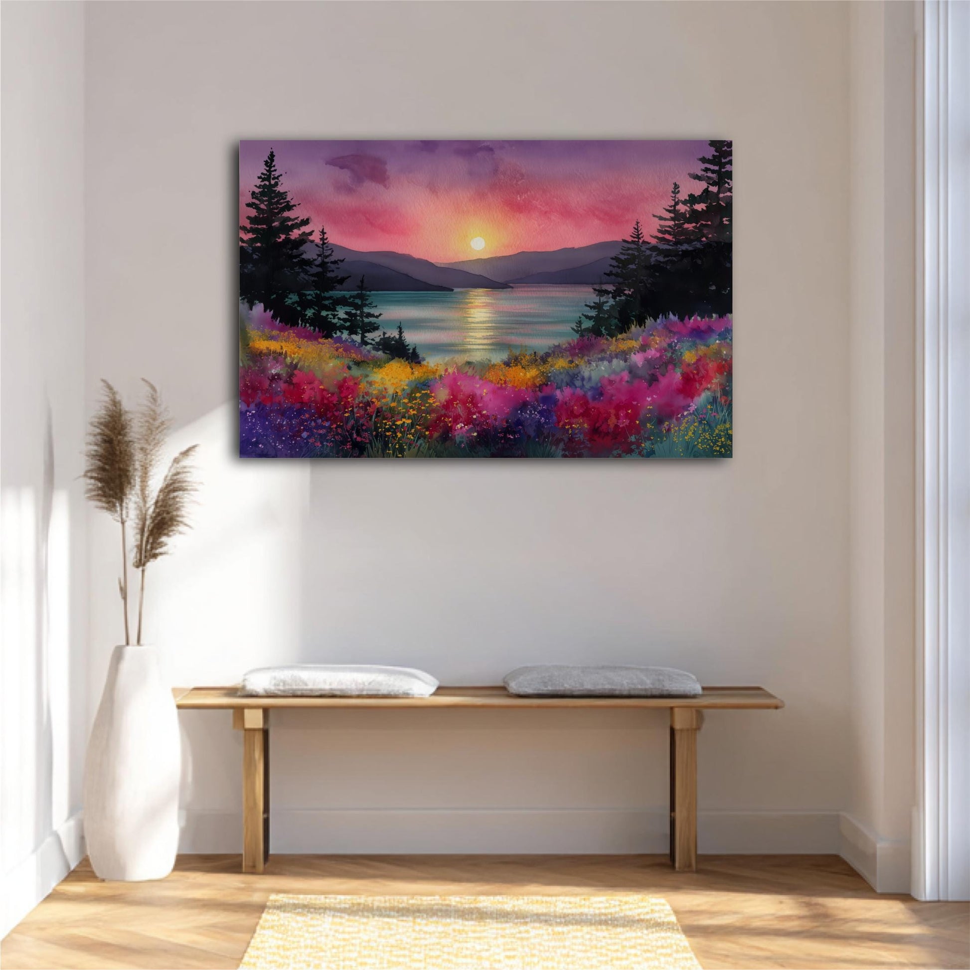 a serene landscape with a sunset over a body of water, surrounded by a colorful array of flowers and trees.