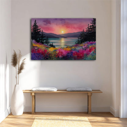 a serene landscape with a sunset over a body of water, surrounded by a colorful array of flowers and trees.