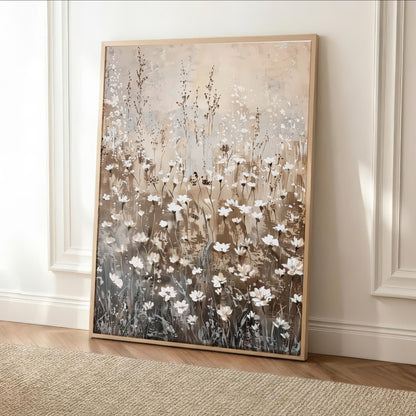 a large painting of a field of flowers, with a predominantly brown and white color palette. The painting is framed and displayed on a wall, creating a focal point in the room.