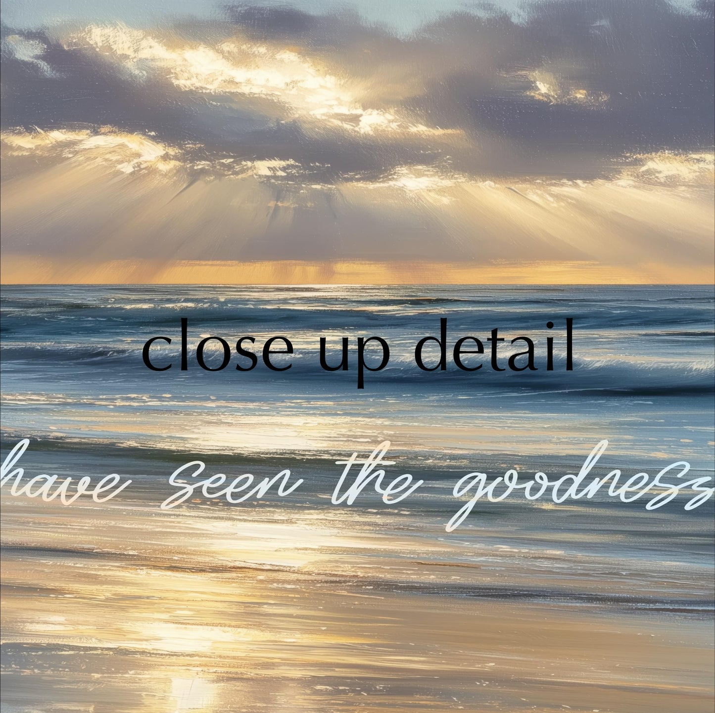 a serene beach scene with a sunset over the ocean, with the sun's rays shining through the clouds and casting a warm glow on the water.