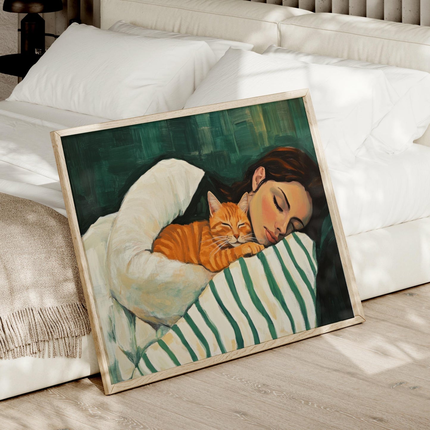 a painting of a woman laying in bed with a cat