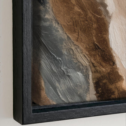 The image is a close-up of a framed artwork with a textured brown and gray background.