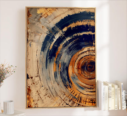 a large abstract painting with a circular pattern in shades of blue, orange, and brown, hanging on a white wall next to a bookshelf.
