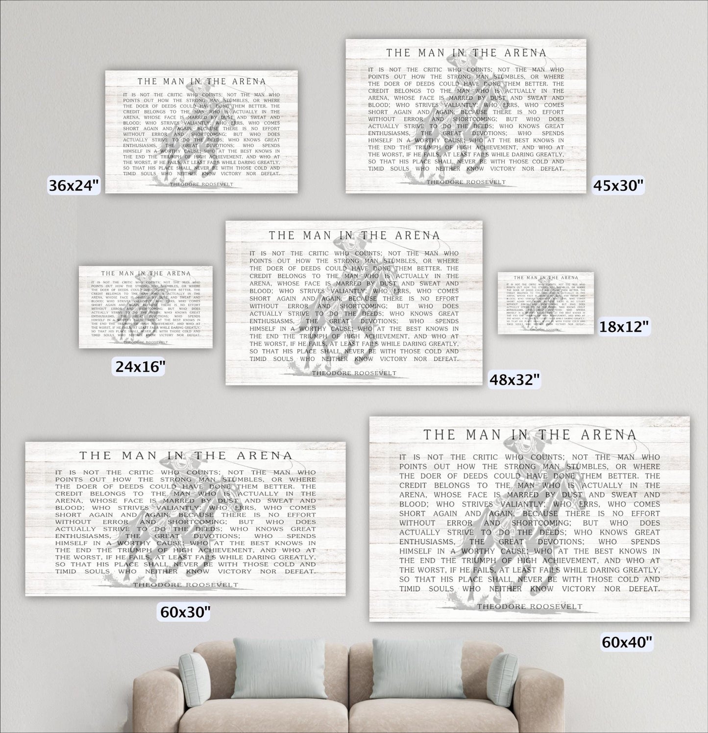 a collection of six framed artworks, each with a different size and frame, all featuring the same text. The text appears to be a quote or a passage from a book or article, and it is written in a white, black, and grey color scheme. The artworks are arranged in a grid-like pattern on a wall, with a sofa in the background.