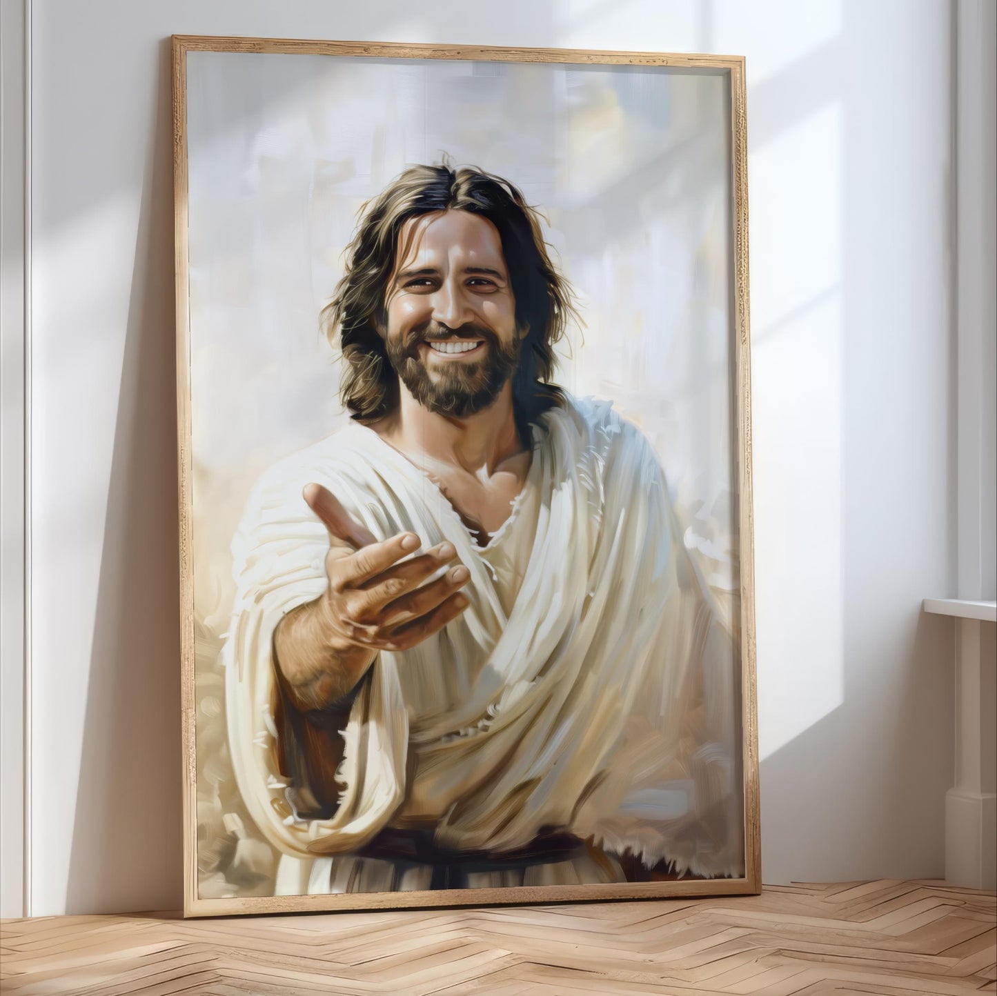 A large framed painting depicting a smiling man with long hair and a beard, wearing a white robe.