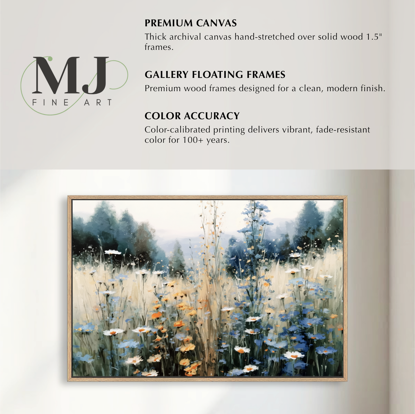 The image is a framed painting of a field of flowers, specifically a field of daisies.