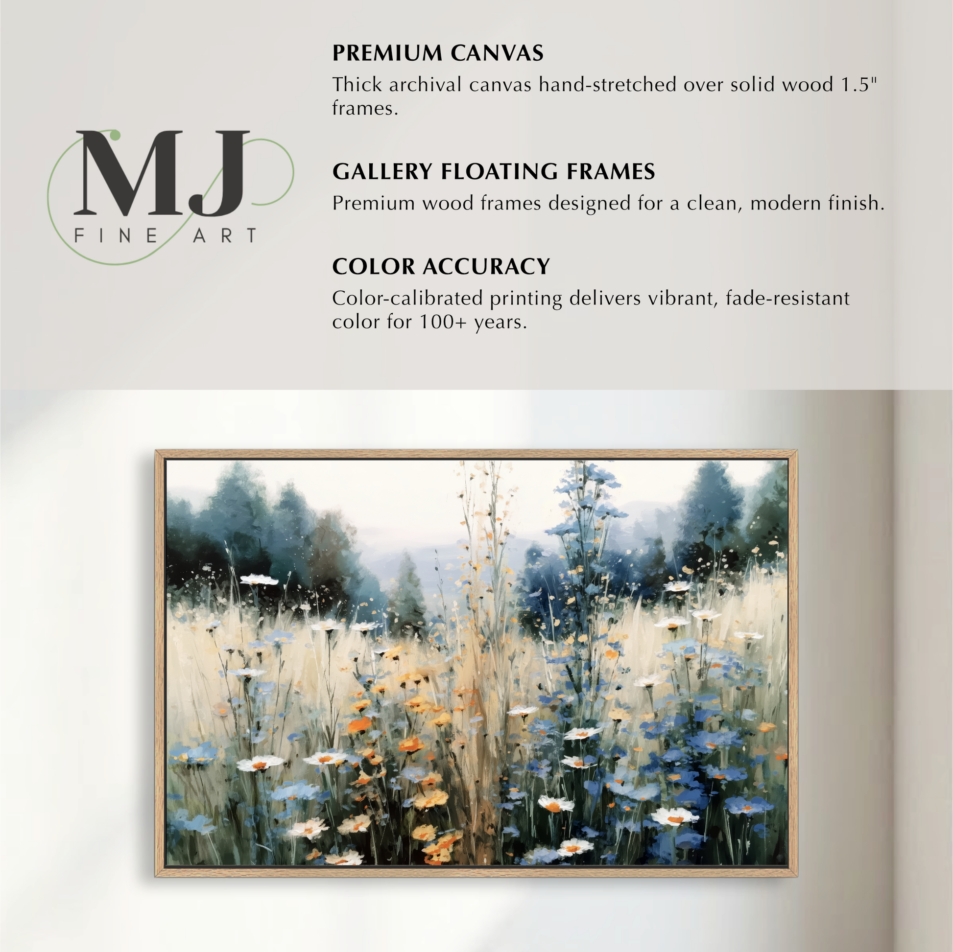 The image is a framed painting of a field of flowers, specifically a field of daisies.