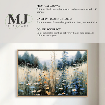 The image is a framed painting of a field of flowers, specifically a field of daisies.