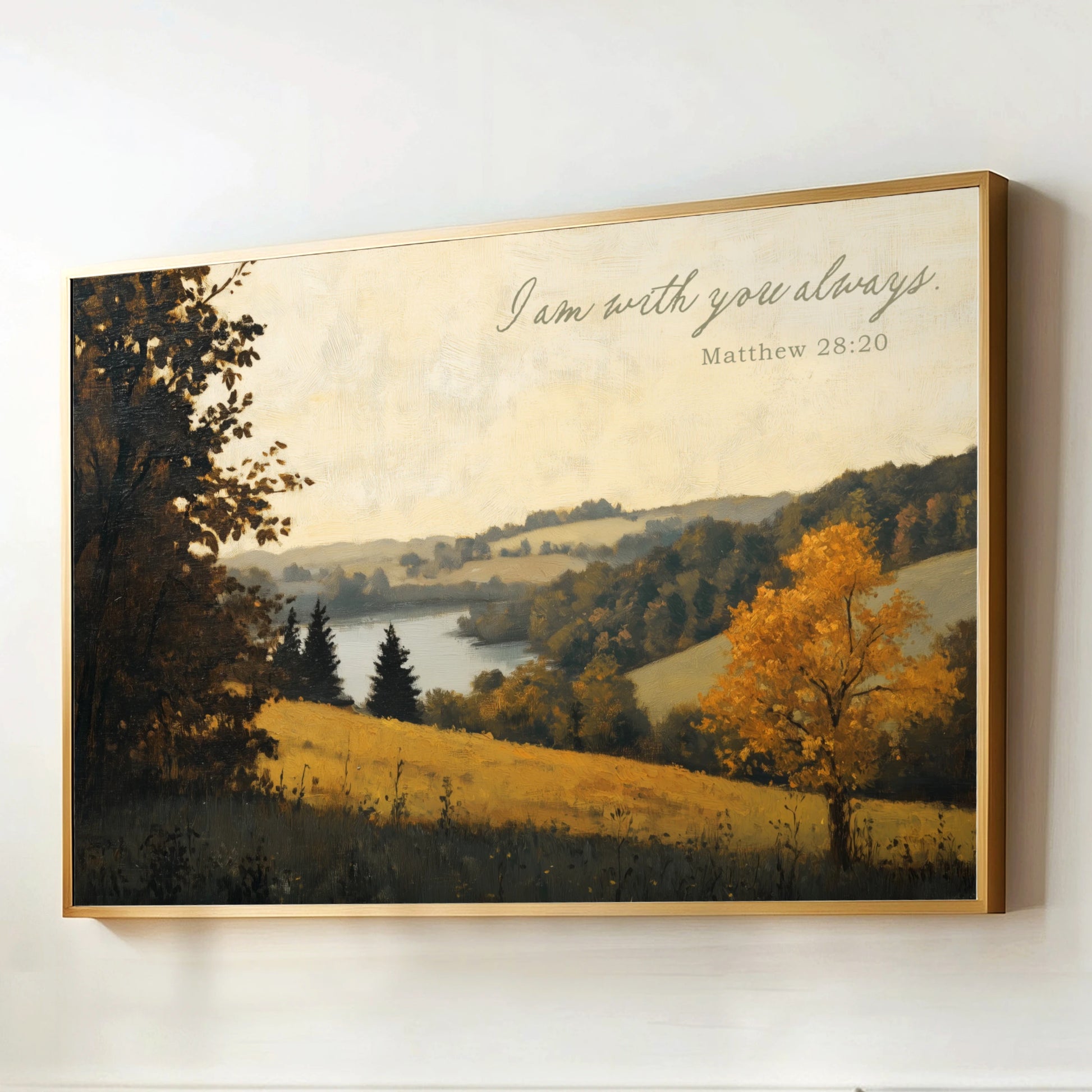 I Am With You Always Scripture Wall Art, Neutral Landscape Trees Lake, Matthew 28:20 Framed Canvas, Christian Farmhouse, Bible verse Artwork religious, nature decor. orange, green, sage, olive.