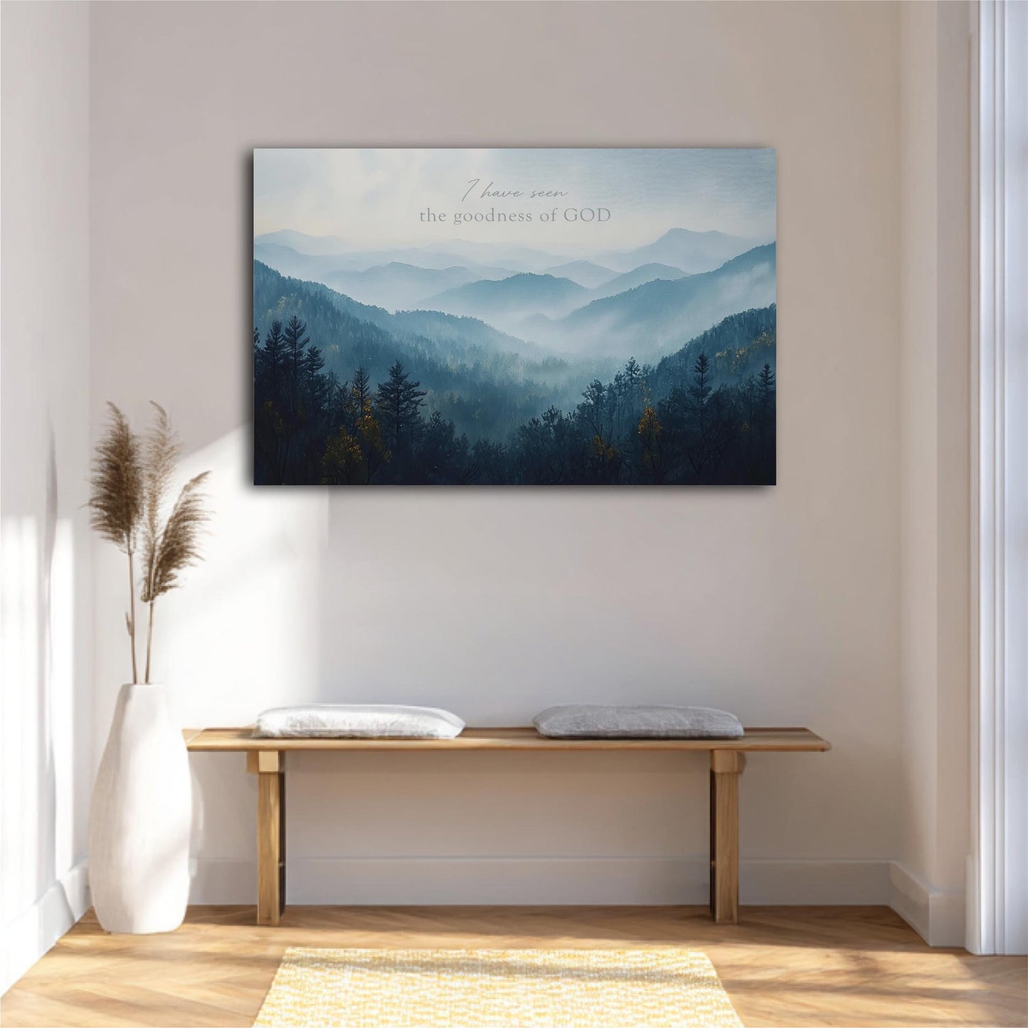a serene mountain landscape with a wooden bench and a potted plant in the foreground. Above the bench, there is a framed painting depicting a misty mountain range.