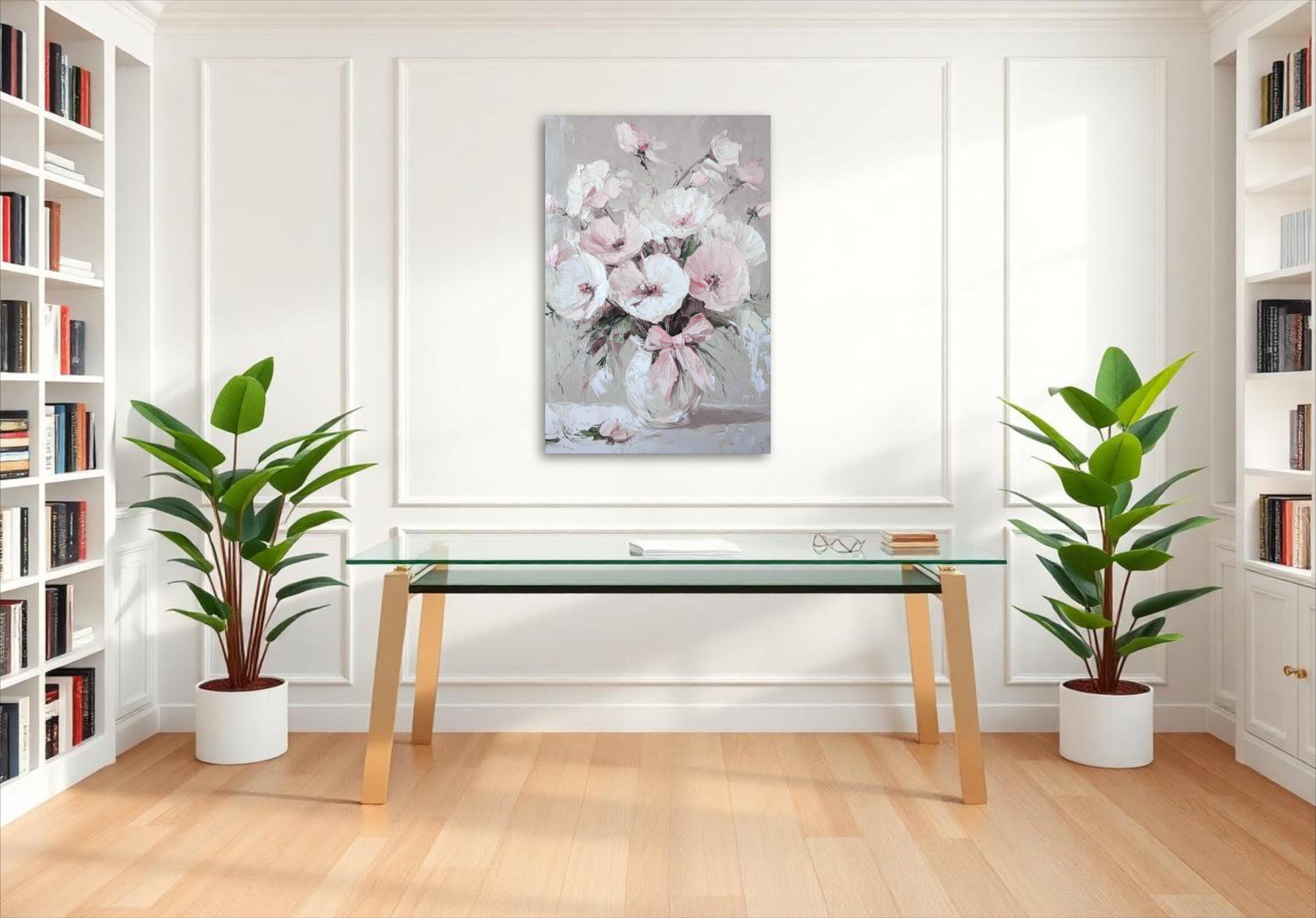 a room with a table, bookshelves and a painting on the wall