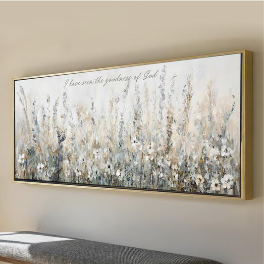 Goodness of God, Neutral Wildflowers Abstract Art, Sage Green, Beige, Navy Landscape Wide Framed Artwork, Canvas Print Calming Above the Bed